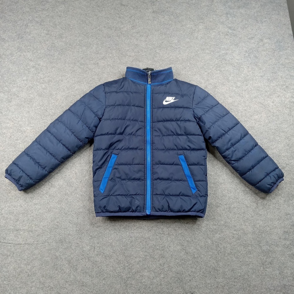 Nike Jacket Kids 5-6 Blue Puffer Insulated Full Zip Quilted Swoosh Logo Warm